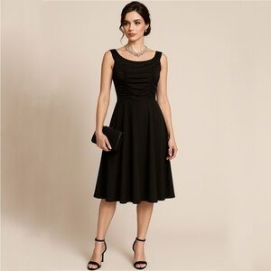 Vintage PS PerSeption Ruched Bodice Black Sleeveless Midi Dress Size Medium